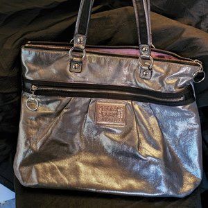 Coach Poppy Glam Metallic Silver Leather Tote bag